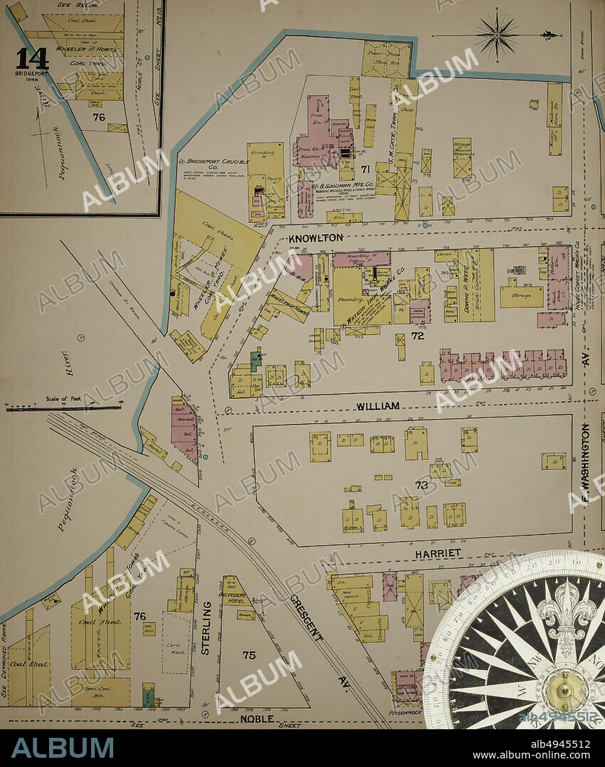 Image 14 of Sanborn Fire Insurance Map from Bridgeport, Fairfield County, Connecticut. 1889. 37 Sheet(s). Bound, America, street map with a Nineteenth Century compass.