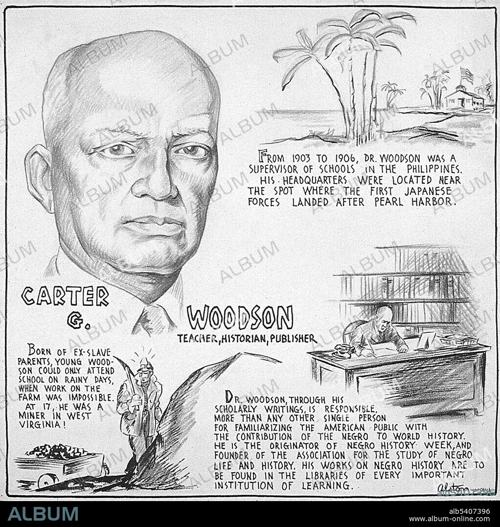 Carter Godwin Woodson (December 19, 1875 - April 3, 1950) was an American historian, author, and journalist. In 1915 he helped found the Association for the Study of Negro Life and History. In 1916, Woodson began publication of the scholarly Journal of Negro History. It has never missed an issue, despite the Great Depression, loss of support from foundations, and two World Wars. In 1926, Woodson pioneered the celebration of Negro History Week (precursor to Black History Month), designated for the second week in February, to coincide with marking the birthdays of Abraham Lincoln and Frederick Douglass.  Charles Alston, 1943.