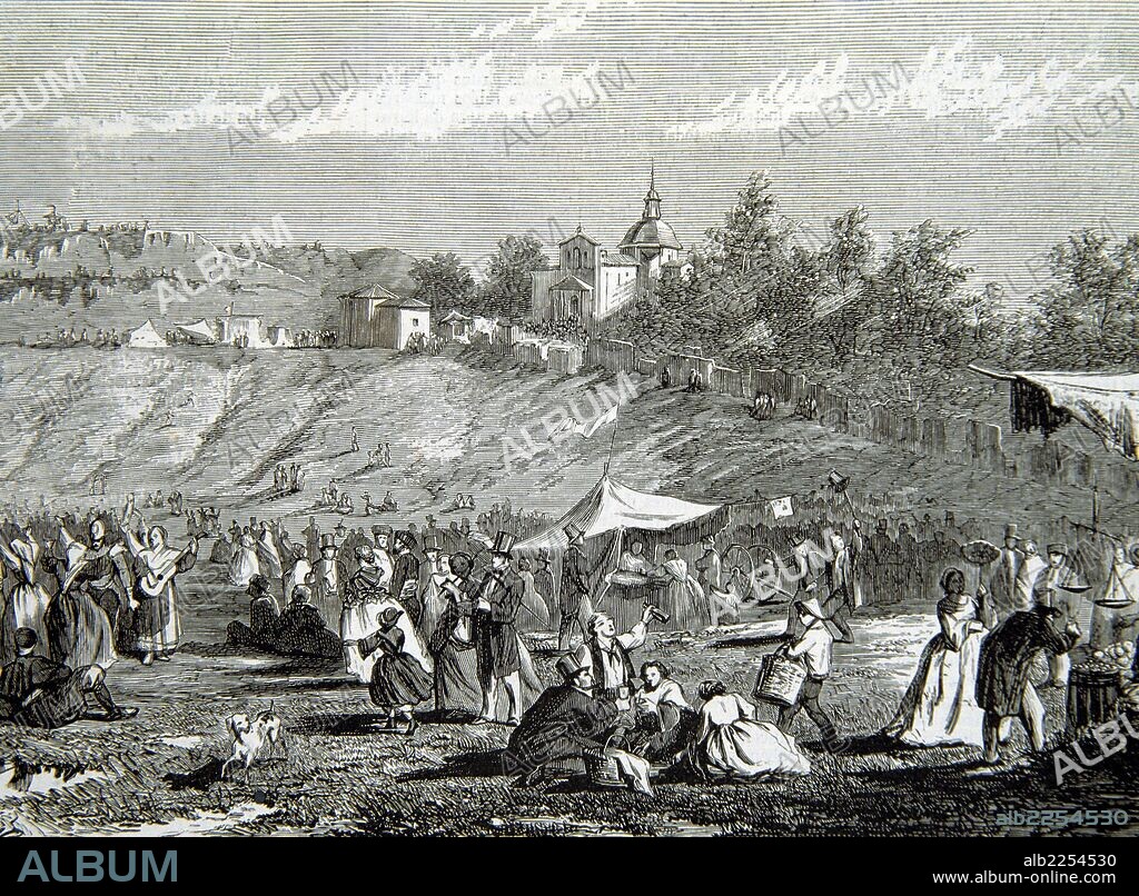 MADRID. ROMERIA DE SAN ISIDRO DELCAMPO. GRABADO DEL MUSEO UNIVERSAL , AÑO 1860 MADRID PINTADO.