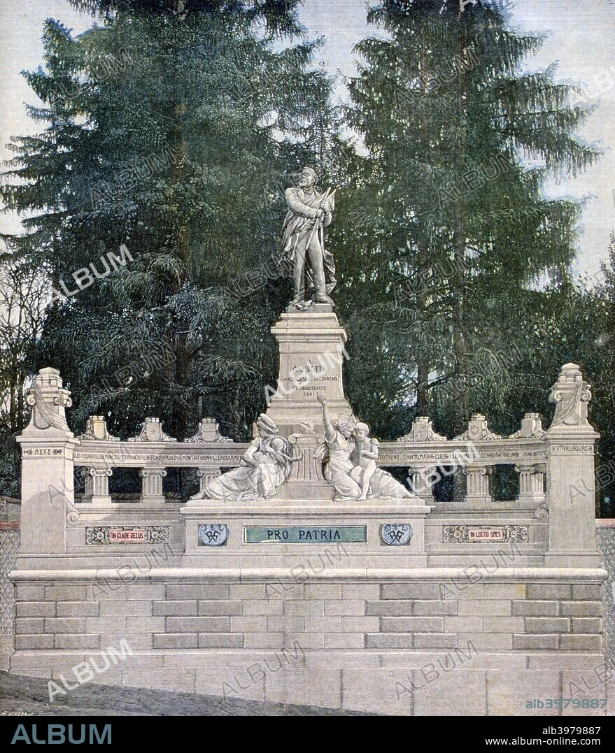 Monument to Leon Gambetta, Ville d'Avray, Paris, 1891. A Republican politician, Gambetta (1838-1882), was an opponent of the French Second Empire. In 1870 he proclaimed the Third Republic after Napoleon III was captured by the Prussians after the Battle of Sedan. Gambetta himself famously escaped from Paris in a hot air balloon when the city was besieged by the Prussians, rallying support for resistance to the invaders in the provinces. He was influential as the real leader of the republicans in politics in the first decade of the Third Republic, but did not actually hold office until a brief and unsuccessful period as premier in 1881-1882. A print from a supplement to Le Petit Journal, 21st November 1891.