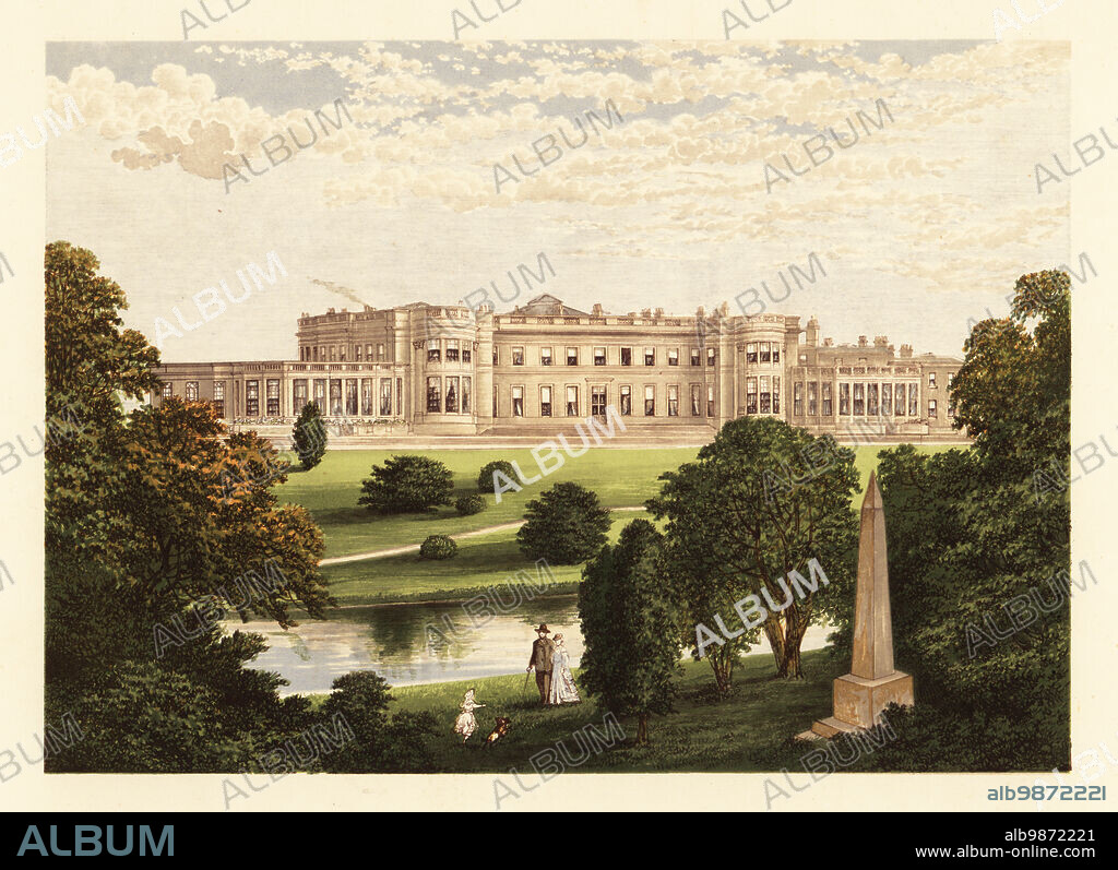 Wynyard Park, County Durham, England. Regency Neo-classical house with Corinthian portico built in 1828 by Benjamin Wyatt and Philip Wyatt for Charles Vane, 3rd Marquess of Londonderry. Gardens with obelisk to commemorate the Duke of Wellington built in 1827. Colour woodblock by Benjamin Fawcett in the Baxter process of an illustration by Alexander Francis Lydon from Reverend Francis Orpen Morriss Picturesque Views of the Seats of Noblemen and Gentlemen of Great Britain and Ireland, William Mackenzie, London, 1880.