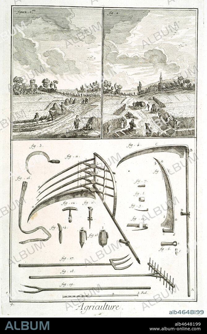 Agriculture : moisson et outils necessaires a la moisson. Planche de l'encyclopedie DIDEROT ET D'ALEMBERT (ou dictionnaire raisonne des sciences, des arts et des metiers, recueillis des meilleurs auteurs...),1751-1772. Credit : Collection Mx/Kharbine-Tapabor.