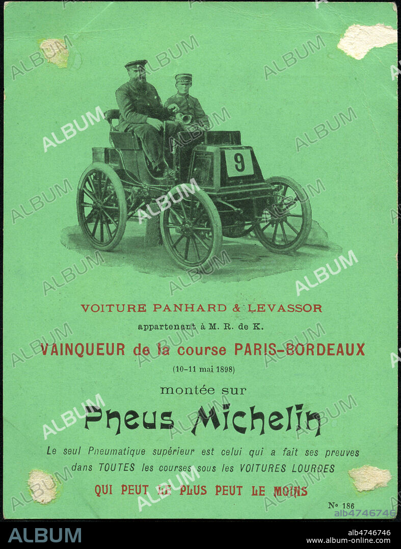 Carte de visite publicitaire, pour la marque Automobile PANHARD ET LEVASSOR, vainqueurs de la course Paris-Bordeaux montee sur pneus Michelin, 1899.19eme siecle. Credit IM/KHARBINE TAPABOR.