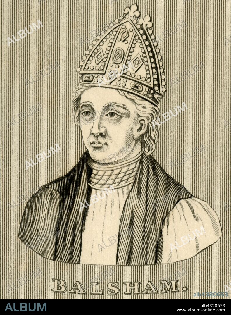 'Balsham', (died 1286), 1830. Hugh de Balsham (died 1286)  medieval English bishop.  From "Biographical Illustrations", by Alfred Howard. [Thomas Tegg, R. Griffin and Co., J. Cumming, London, Glasgow and Dublin, 1830].