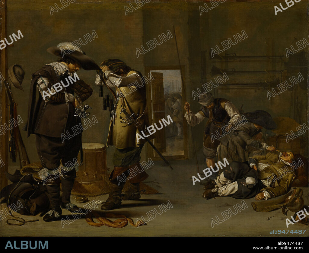 Soldiers Arming Themselves, mid 1630s, Jacob Duck, Dutch, about 16001667, 17 x 22 3/8 in. (43.18 x 56.83 cm) (panel)28 x 33 3/8 in. (71.12 x 84.7 cm) (outer frame), Oil on panel, Netherlands, 17th century, On the left, two soldiers caught up in the Thirty Years War are dressing, one lifting a bandolier over his head with several cylinders danglingpowder charges containing gunpowder for his musket. On the right, a soldier tickles the nose of a fellow fighter who has presumably passed out after draining the flask nearby. The tickler isnt aware that his pocket is being picked. Not many Dutch soldiers actually fought in the war, which raged across central Europe from 1618 to 1648, yet paintings of these soldiers became wildly popular.