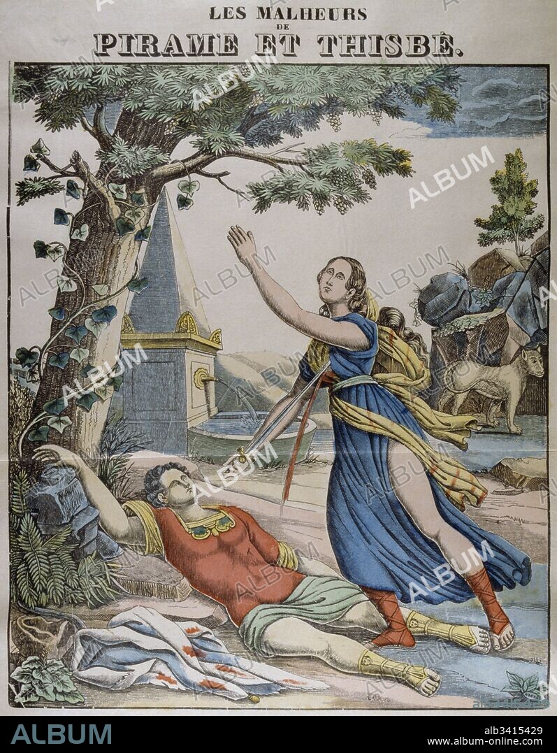 Coloured illustration showing Pyramus and Thisbe, a pair of ill-fated lovers whose story forms part of Ovid's Metamorphoses. French circa 1850.