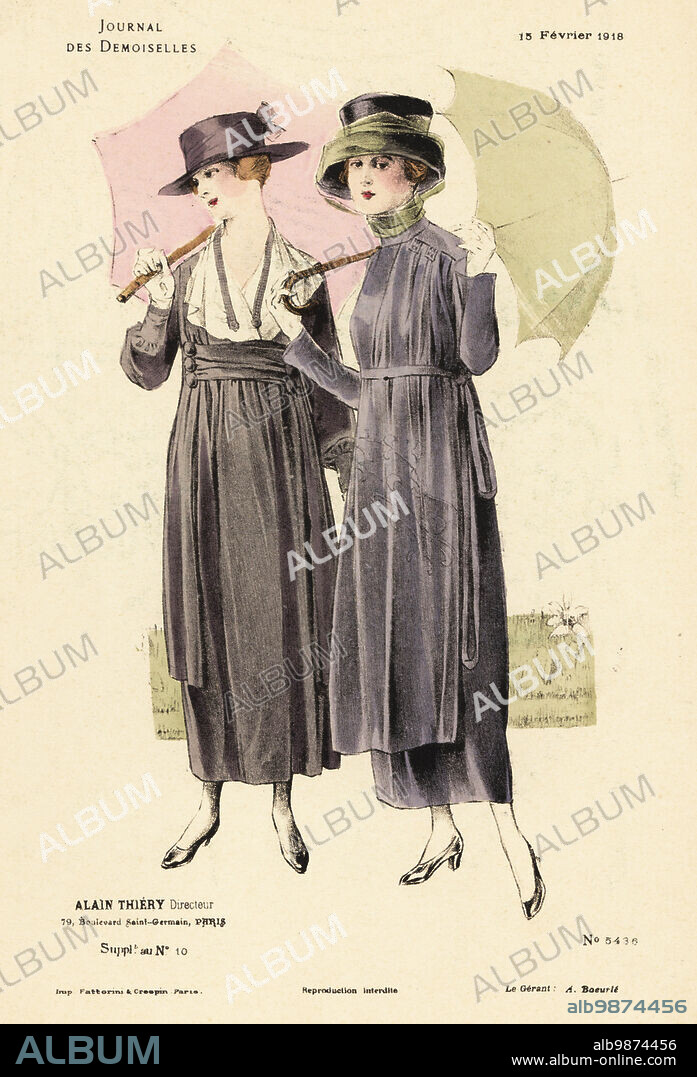 Two fashionable women on a winter stroll in a park, WWI. Both in hats, carrying parasols, tunic apron dress. Handcoloured lithograph by Fattorini & Crespin from Alain Thierys fashion magazine Journal des Demoiselles, 79 Boulevard Saint-Germain, Paris, France, September 15, 1918.