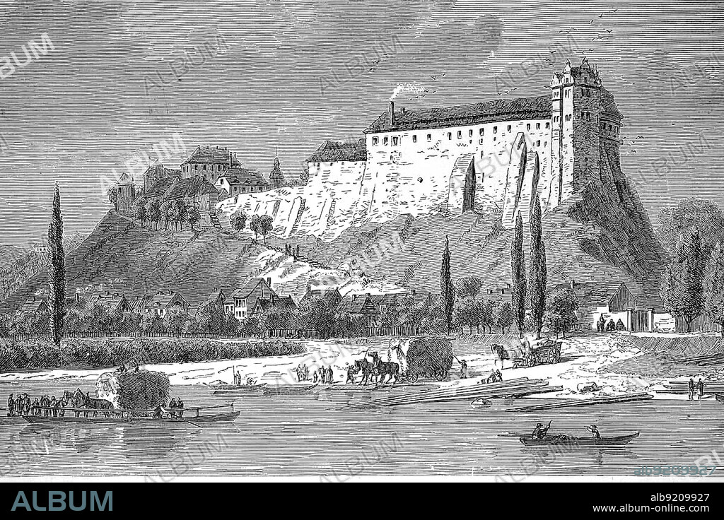 Wettin Castle in 1870, also called Wettin Castle, is a heavily built-over hilltop castle in the town of Wettin in the Saale District in Saxony-Anhalt, Germany, Historic, digitally restored reproduction from a 19th century original, Europe.