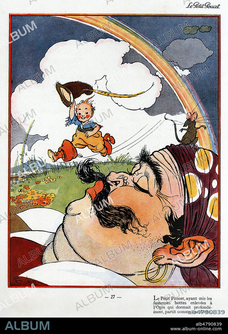 Le Petit poucet ayant mis les bottes enlevees a l'Ogre partit comme une fleche. Illustration de 1927 par Felix LORIOUX (1872-1964) pour Le petit Poucet de Charles PERRAULT (1628-1703). ADAGP. Credit : Collection KHARBINE-TAPABOR.