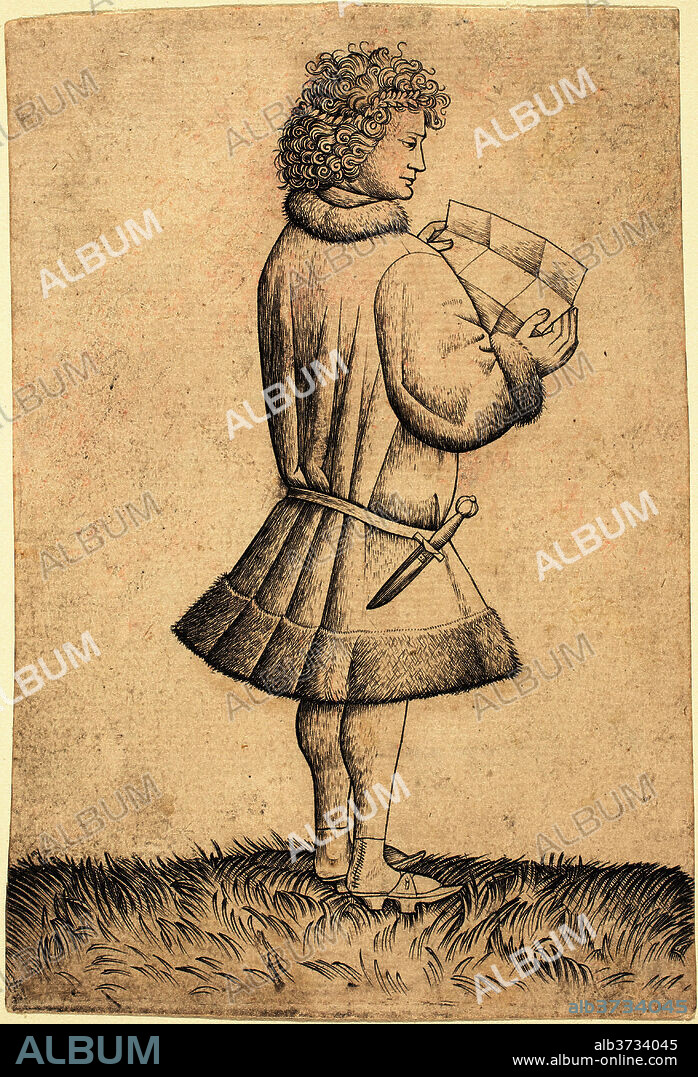 MASTER OF THE PLAYING CARDS. A Poet Reading. Dated: 1430s. Dimensions: sheet: 13.3 x 9 cm (5 1/4 x 3 9/16 in.)  overall (external frame dimensions): 39.4 x 31.8 cm (15 1/2 x 12 1/2 in.). Medium: engraving on laid paper.