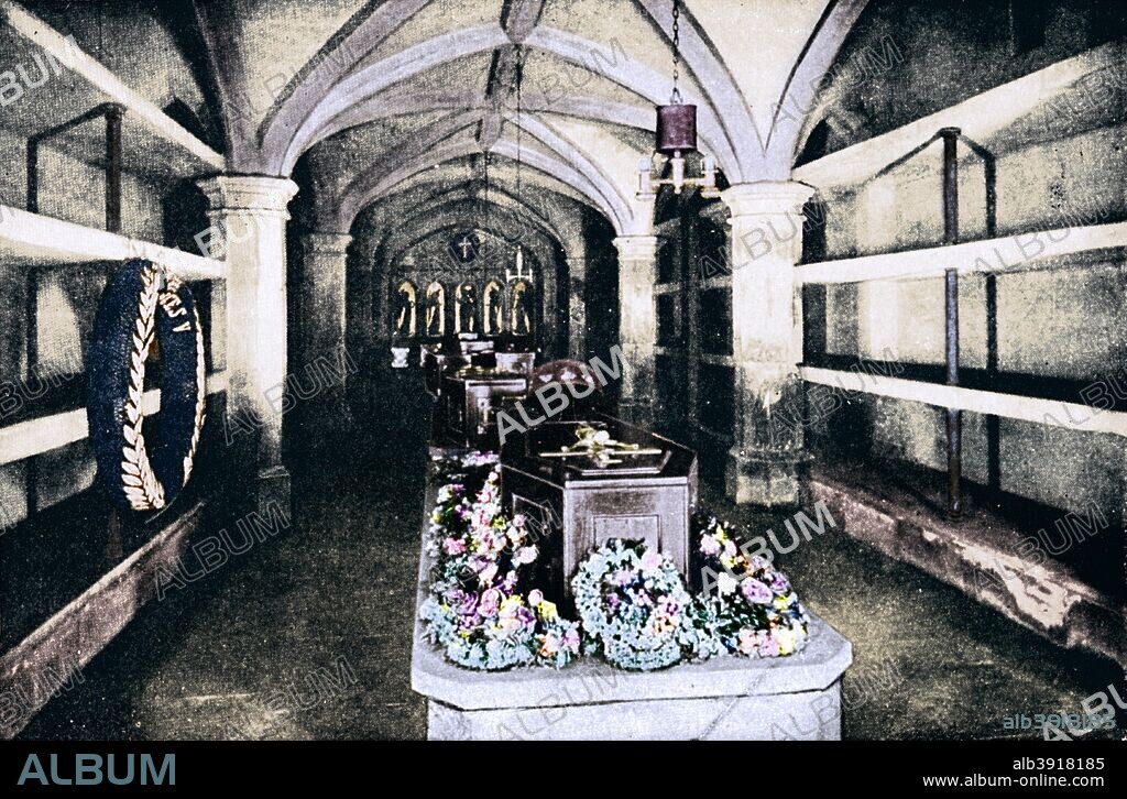 The crypt under the chancel of St George's Chapel, Windsor Castle, where the body of King Edward VII lies, 1910 (1911). From Edward VII: His Life and Times, Volume II Edited by Sir Richard Holmes, K.C.V.O., [The Amalgated Press, Ltd., London, 1911]. (Colorised black and white print).