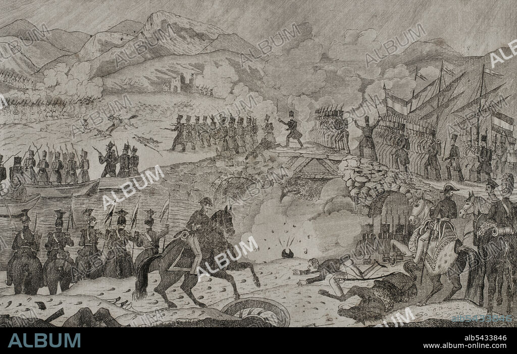JOSÉ GÓMEZ. 19TH CENTURY-SPANISH ENGRAVER.. Historia de España. Primera Guerra Carlista (1833-1840). Tercer sitio de Bilbao (5 de noviembre al 25 de diciembre de 1836). Toma del puente de Luchana. El 22 de diciembre de 1836 el general Espartero comenzó las operaciones en las cercanías del puente de Luchana, controlado por los carlistas. La tarde del 24 de diciembre con ayuda de dos barcos británicos, el general Oráa intentó tomar el puente aunque fue rechazado por los carlistas. El día 25 de diciembre los el ejército liberal consiguió tomar la ciudad. Ilustración por Mugica. Grabado por Gómez. Panorama Español, Crónica Contemporánea. Tomo III. Madrid, 1845.
