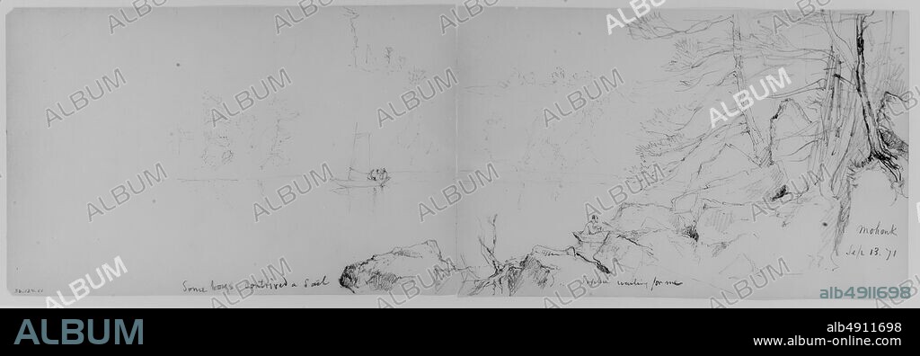 Daniel Huntington, Sailboat on Lake; Figure on Shore, 1871 (from Sketchbook), American, Daniel Huntington (American, New York 18161906 New York), ca. 1870, American, Graphite on paper, 5 1/2 x 8 3/4 in. (14 x 22.2 cm), Drawings.
