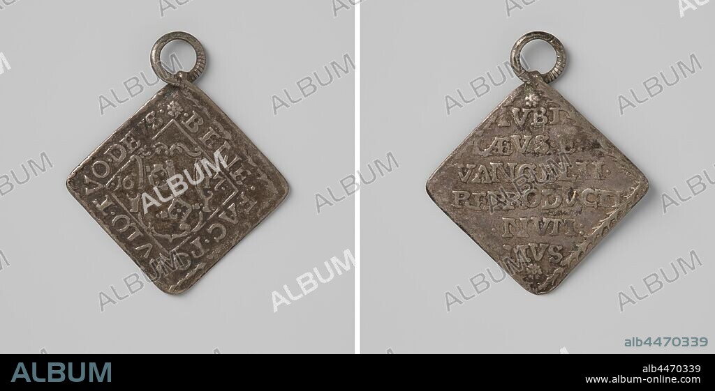 First Centenary of the Reformation by Martin Luther, Silver diamond medallion with eyelet. Obverse: coat of arms with key inside an inscription. Reverse: inscription., anonymous, Neurenberg, 1617, silver (metal), striking (metalworking), l 3.4 cm × l 2.8 cm × w 2.8 cm × w 2.40 gr.