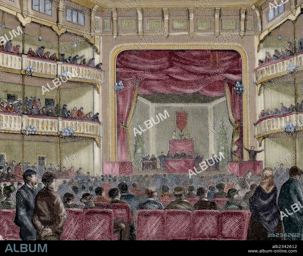 CONGRESO OBRERO DE BARCELONA. Grabado por Padró. "La Ilustración Española y Americana", año 1870. Coloreado.