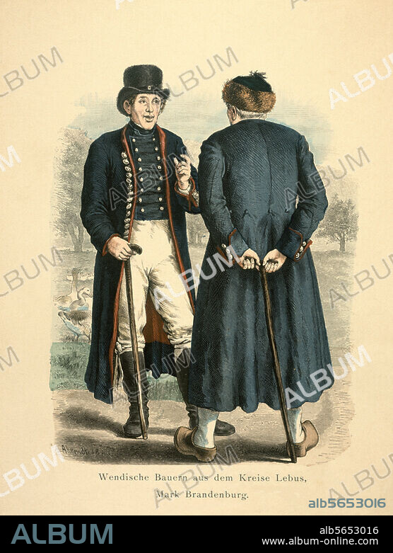 Volkskunde / Trachten:. Mark Brandenburg. "Wendische Bauern aus dem Kreise Lebus, Mark Brandenburg". Lithographie, 1880, von Konrad Ahrendts. (1855-1901), koloriert.