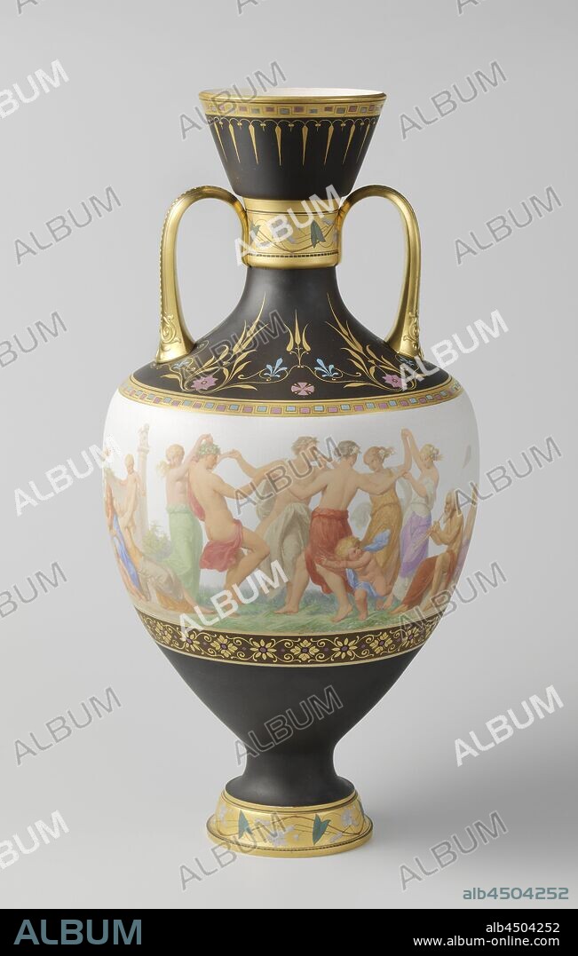 Vase (Vase étrusque de Naples) Vase (vase Étrusque de Naples), Amphora-shaped vase of multicolored painted biscuit porcelain. The vase has two ears and stands on one foot. The vase has a black background with some cutouts, including a frieze on the belly. On the frieze, men, women and children are painted in pastel colors, who dance, fly kites, sit at a table drinking and play with boulders (?) And knuckles. The ears are decorated with embossed palmettes. The frieze is signed: P.M. Roussel and the vase is marked, group dancing, Manufacture Impériale de Sèvres, Sèvres, 1858, biscuit (porcelain, material), bronze (metal), gilding, h 59.5 cm × d 29 cm d 13.4 cm.