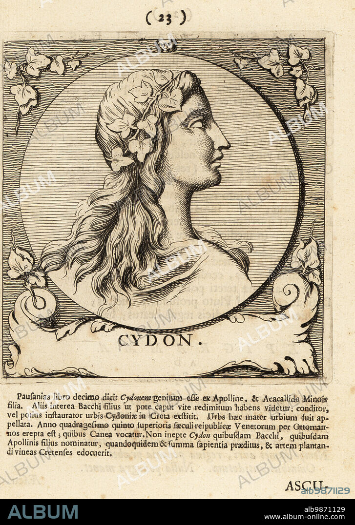 King Cydon of Crete, son of Hermes or Apollo and of Akakallis, the daughter of King Minos. According to Pausanias, son of king Tegeates. Founder of Kydonia or Cydonia, Crete. With vine leaves of Bacchus in his hair. Cydon. Copperplate engraving by Pieter Bodart (1676-1712) from Henricus Spoors Deorum et Heroum, Virorum et Mulierum Illustrium Imagines Antiquae Illustatae, Gods and Heroes, Men and Women, Illustrated with Antique Images, Petrum, Amsterdam, 1715. First published as Favissæ utriusque antiquitatis tam Romanæ quam Græcæ in 1707. Henricus Spoor was a Dutch physician, classical scholar, poet and writer, fl. 1694-1716.