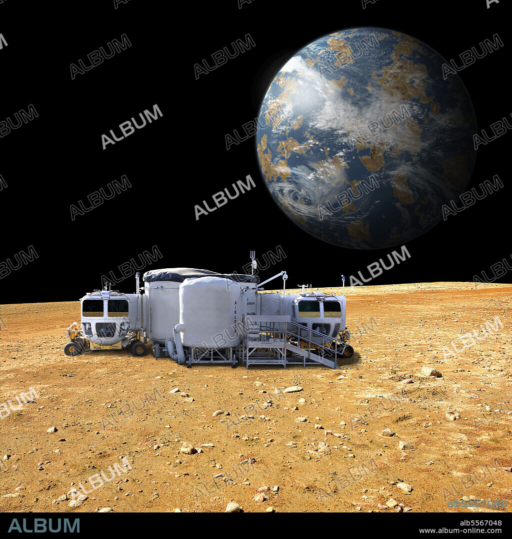 An artist's depiction of a lunar base on a barren moon. The moon's Earth-like planet rises in the background. The small colony is equipped with two rovers for astronauts to use for exploration of the surface. - Elements of this image furnished by NASA.