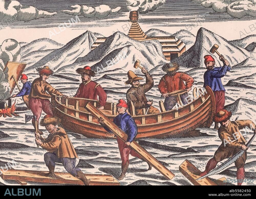 ANONYM. Barents, Willem; holländ. Seefahrer. um 1550 - 1597. Bau eines Holzhauses für die Überwinterung der Barents-Expedition. (Reisen unter Leitung Barents zur Entdeckung einer Nordostpassage 1594 ff.). Aus: Gerrit de Veer, Waerachtighe Beschrijvinghe van die Seylagien (...), 1598. Berlin, Sammlung Archiv für Kunst und Geschichte.