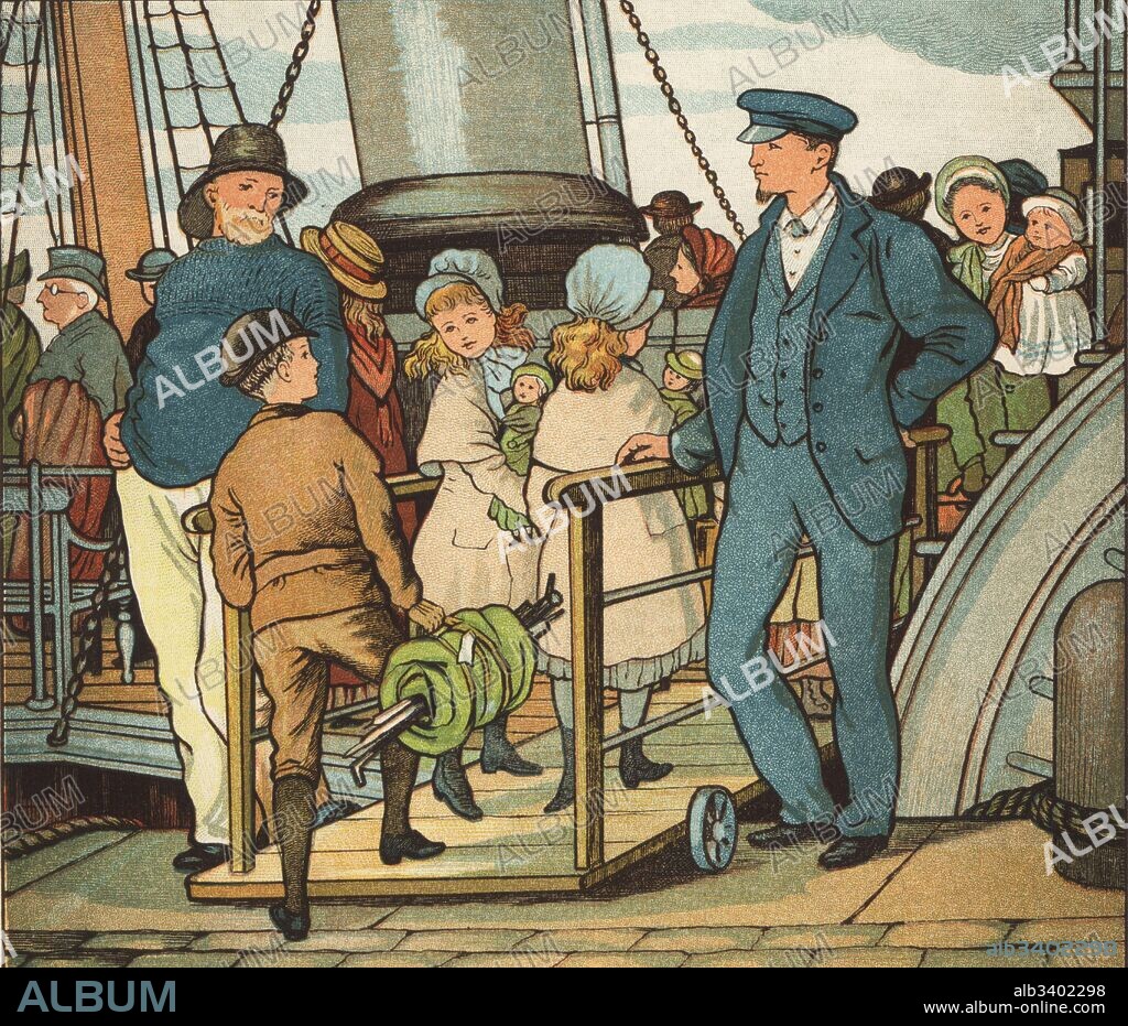 Victorian children boarding a steamer at Folkestone, Kent, bound for France. Colour woodblock after an illustration by Thomas Crane and Ellen Houghton from Abroad, Marcus Ward, London, 1882.