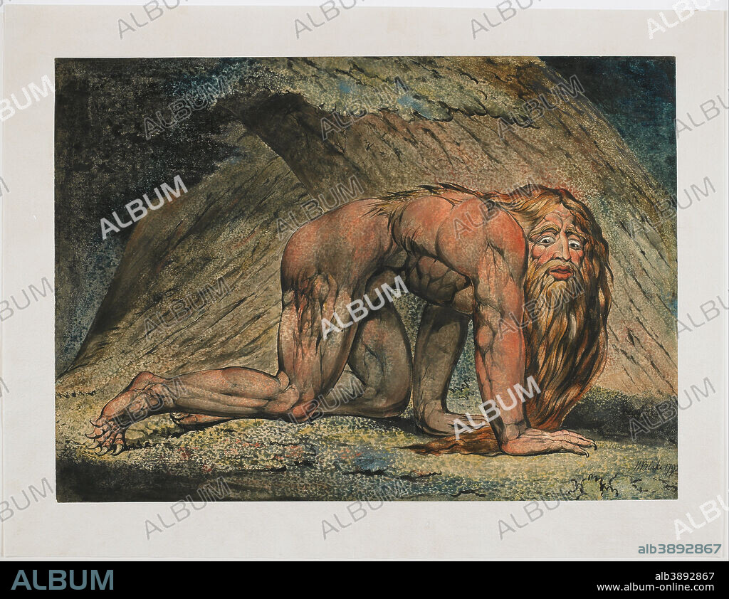 WILLIAM BLAKE. Nebuchadnezzar. Date/Period: 1795. Color monotype in tempera, finished with pen, black ink and watercolor on paper. Height: 16.9 in (43 cm); Width: 23.7 in (60.3 cm).