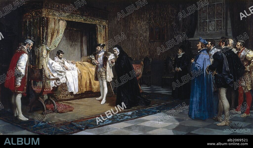 Manuel Arroyo y Lorenzo / 'La duquesa de Alençon presentada a su hermano el rey de Francia Francisco I, por el emperador Carlos V', 1887, Escuela Española, Lienzo, 108 cm x 209 cm, P05960.