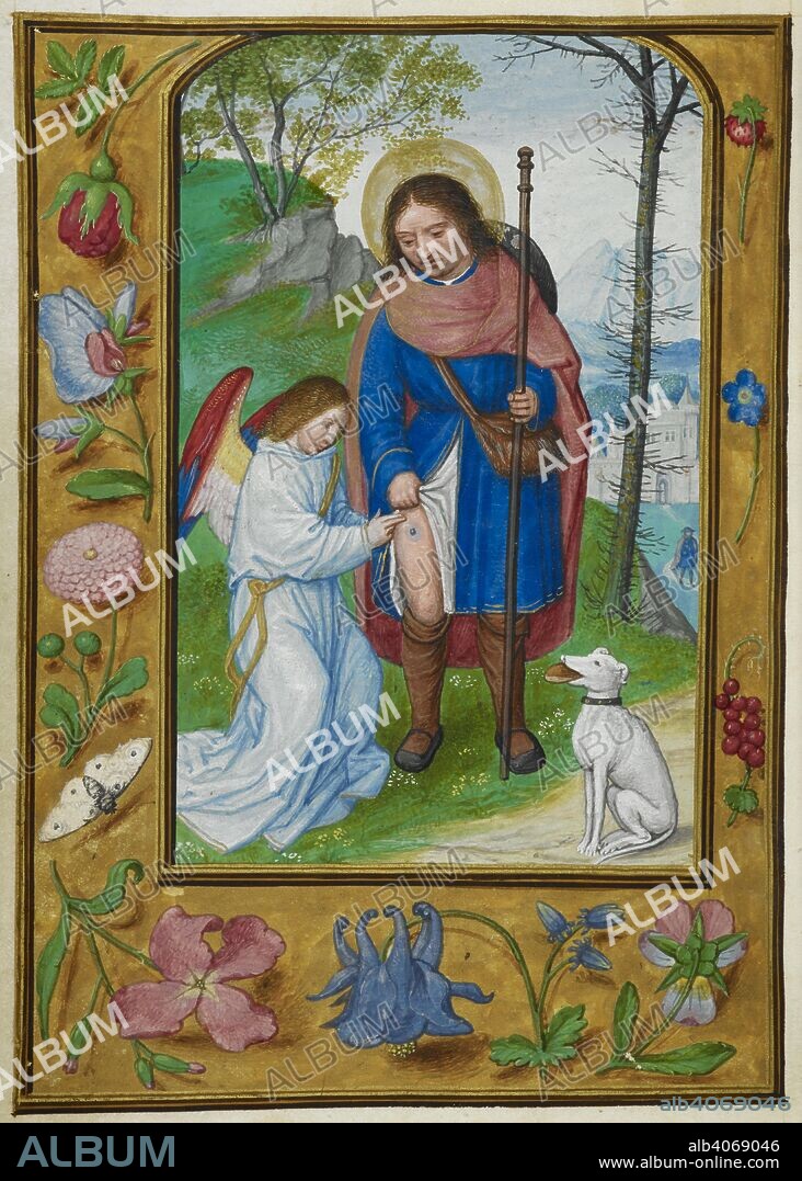 SIMON BENING. Memorials to the Saints. St Roche showing his wound to an angel, and a dog. Borders of trompe l'oeil decoration with flowers and a butterfly. Produced for Joanna of Ghistelles, Abbess of Messines, near Ypres. Prayerbook of Joanna of Ghistelles [Prayerbook of the Abbess of Messines]. S. Netherlands [Bruges]; between 1516 and 1529. Source: Egerton 2125, f.209v. Language: Latin.