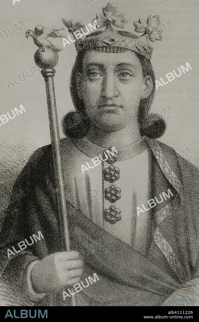 Alfonso X of Castile (1221-1284), called The Wise. King of Castile, Leon and Galicia. Drawing by Santiago Llanta. Detail. Lithography. Cronica General de Espa–a, Historia Ilustrada y Descriptiva de sus Provincias. Castilla-La Nueva, 1869.