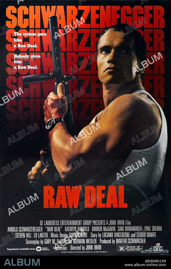 Poster of RAW DEAL, 1986, directed by JOHN IRVIN. Copyright DE LAURENTIS ENTERTAINMENT GROUP.