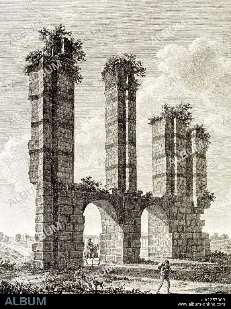 BADAJOZ. MERIDA. RESTOS DE UN ACUEDUCTO ROMANO. DIBUJO DE ALEX DE LA BORDE. GRABADO SIGLO XIX. ARTE ROMANO.