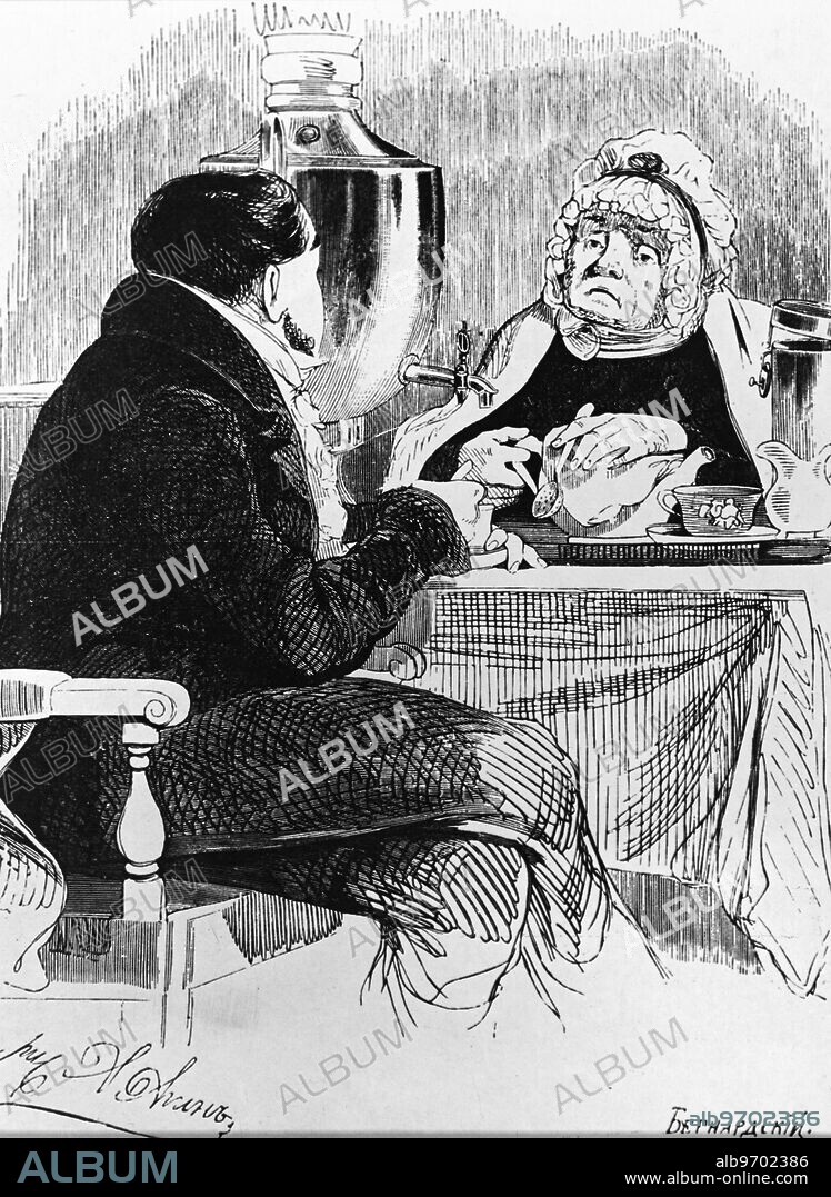 Drawing by A. Agin depicting the characters Chichikov and Karobochka from the novel "Dead Souls" by Gogol. Nikolai Vasilievich Gogol (1809 - 1852) was a Ukrainian-born, Soviet writer, dramatist, Playwright and publiscist in the tradition of Russian realism. 1846. Supplied By: SCRSS - Society for Co-operation in Russian & Soviet Studies.