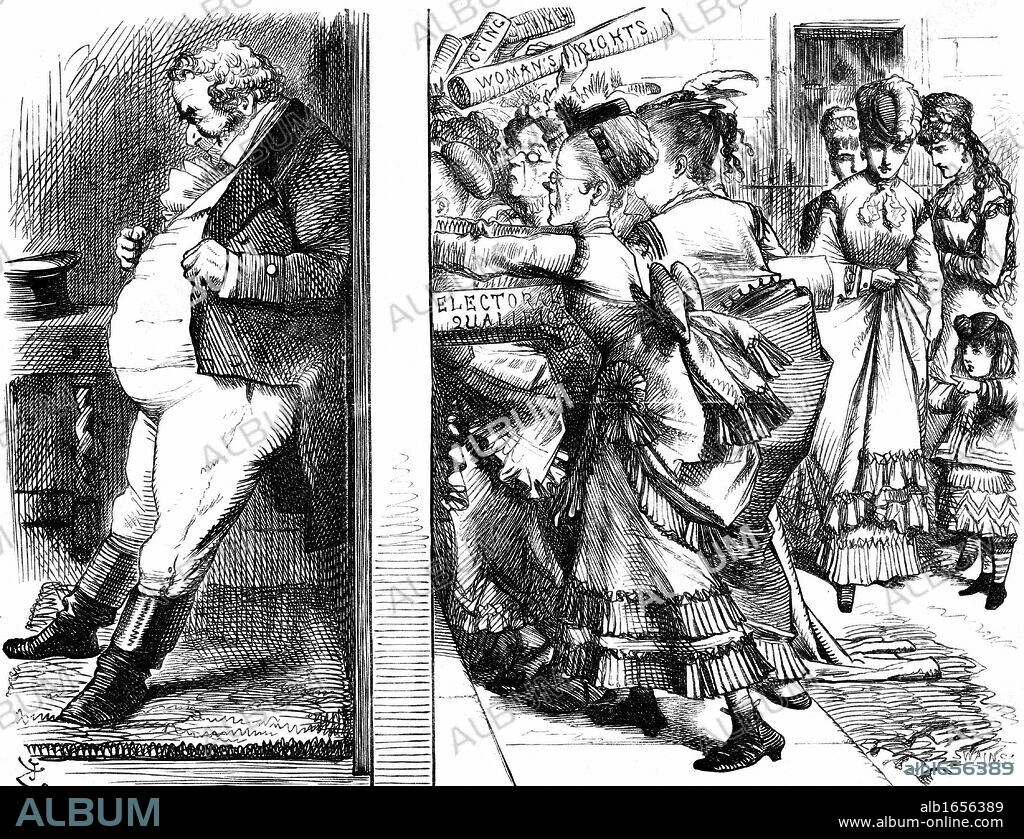 Lydia Ernestine Becker (1827-1890) British advocate of female suffrage, editor of Women's Suffrage Journal 1870-90, leading the onslaught on John Bull's door in an effort to secure votes for women. John Tenniel cartoon from Punch London 28 May 1870.