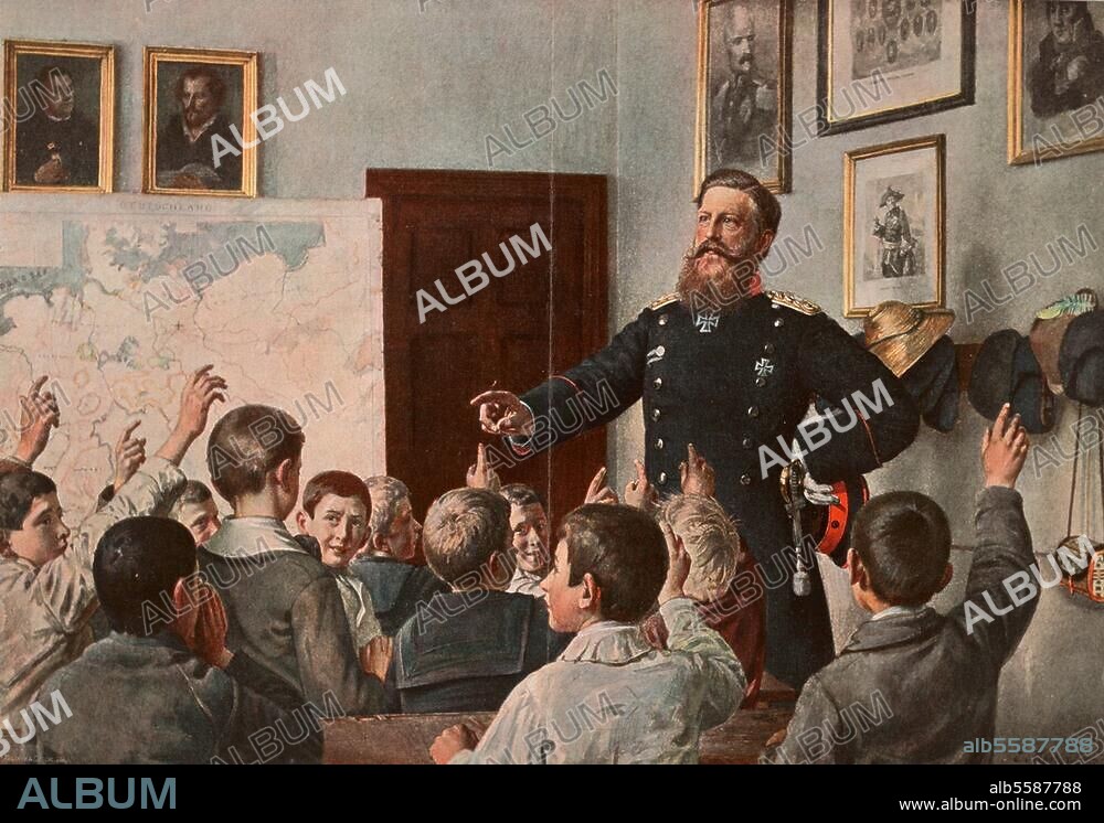 Frédéric III, empereur d'Allemagne, roi de Prusse, 1831-1888.- Le prince héritier Frédéric Guillaume, à l'école de Bornstedt près de Potsdam. Peinture d'Ernst Henseler, 1898.