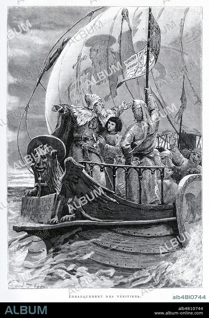 Embarquement des venitiens (Le Doge Enrico DANDOLO (1107-1205) et le Marquis de MONTFERRAT avec ALEXIS, le fils de l'empereur ISAAC devant Constantinople au cours de la 4eme croisade). Illustration de 1884 par Edouard ZIER (1866-1924) pour Les Chroniqueurs de l'Histoire de France par Mme de WITT (1829-1908). Credit : Collection Jonas/Kharbine-Tapabor.