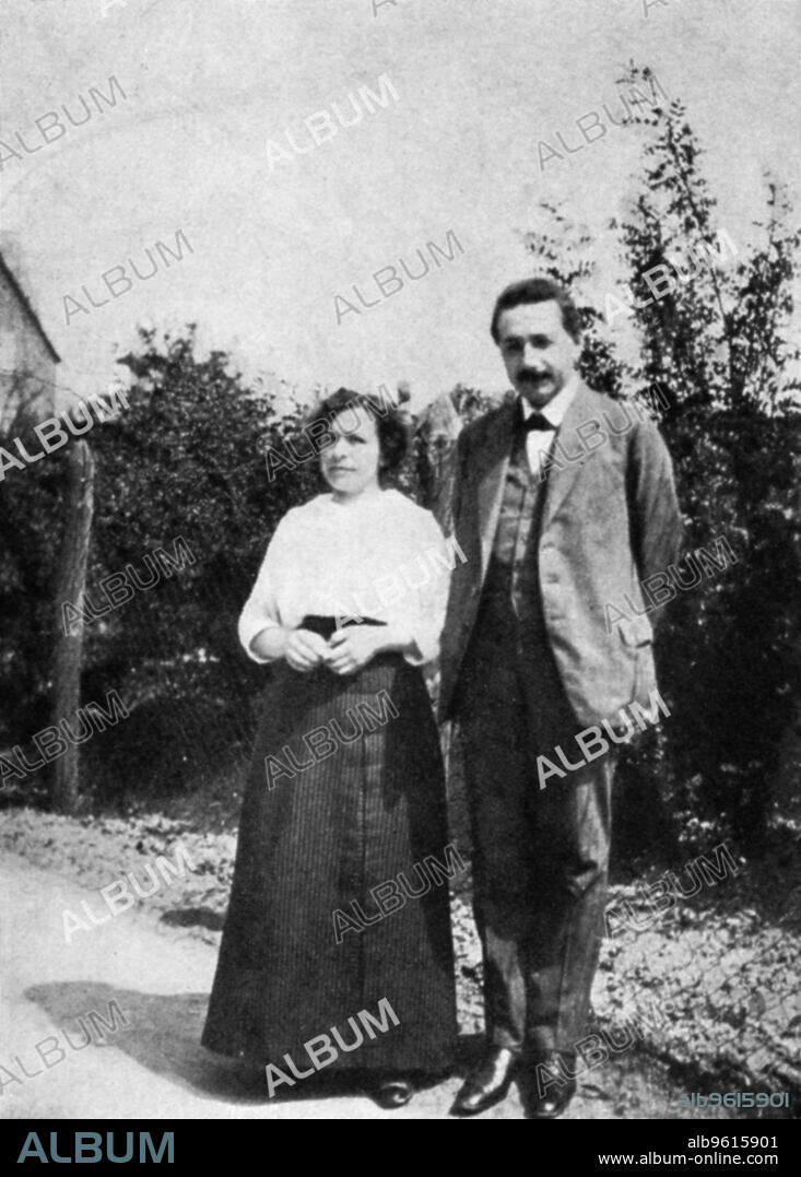 Albert Einstein, German-Swiss theoretical physicist, with his first wife Mileva, c1905. Einstein's main contribution to science was the theory of relativity, regarded by many as the most important theory in the history of physics. His special (1905) and general (1916) theories of relativity, proved the concept that time does not exist at the same rate for everyone and everything. Special Relativity produced the equation which expresses the equivalence between matter and energy: E=mc squared. In 1921, Einstein received the Nobel Prize for Physics. His Jewish faith meant that he had to leave Germany during the Nazi period, emigrating to the USA and taking American citizenship.