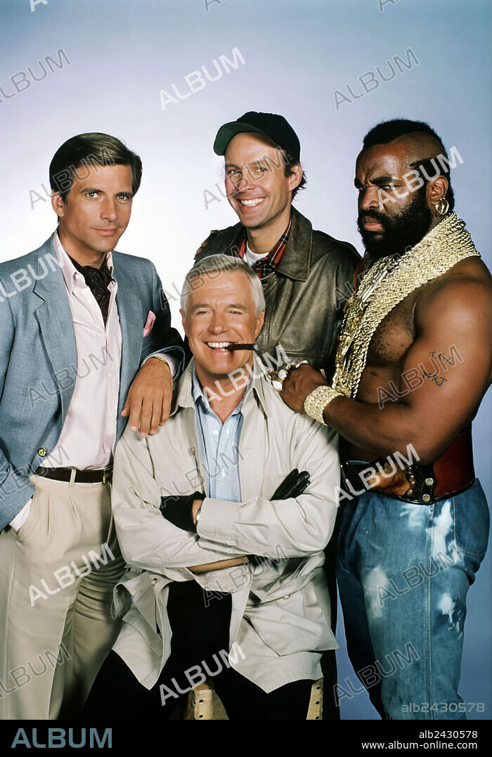 DIRK BENEDICT, DWIGHT SCHULTZ, GEORGE PEPPARD and MR. T in THE A-TEAM, 1983, directed by FRANK LUPO and STEPHEN J. CANNELL. Copyright STEPHEN J. CANNELL PRODUCTIONS/UNIVERSAL TV.