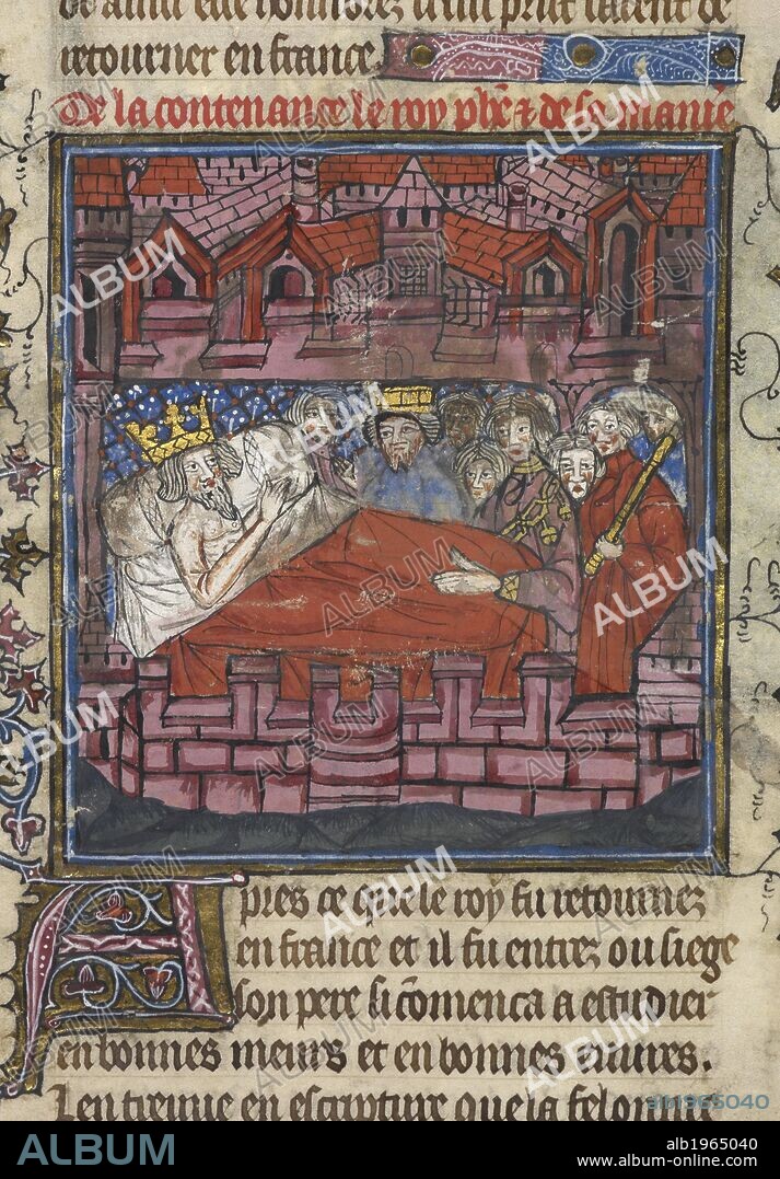 King Louis IX's Last Instructions to his eldest Son. Chroniques de France ou de St. Denis. France; end of 14th century. (Miniature and initial) King Louis IX's last instructions to his eldest son, King Philip III, on his death-bed, at Tunis, 25 August 1270. The king, in bed, with Philip and others beside him. set in a castelllated building. Text beginning with decorated initial 'A'.  Image taken from Chroniques de France ou de St. Denis.  Originally produced in France; end of 14th century. . Source: Royal 20 C. VII, f.8v. Language: France.