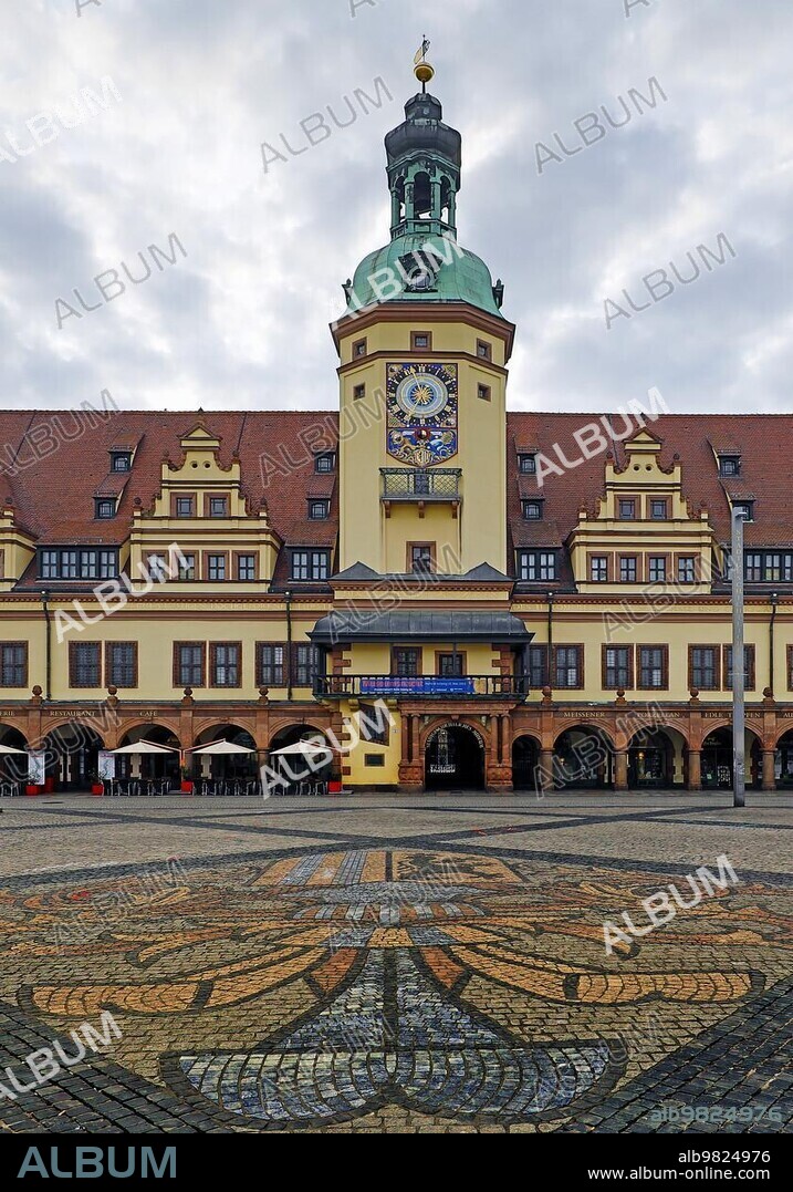 Leipzig market with city coat of arms on the pavement in front of the Old Town Hall; today Leipzig Museum of City History; Saxony; Germany; Europe.