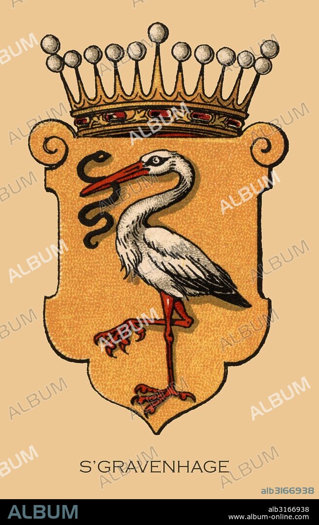 Europa. Escudo heráldico de la ciudad de S'Gravenhage, La Haya, Holanda. Grabado de 1870.