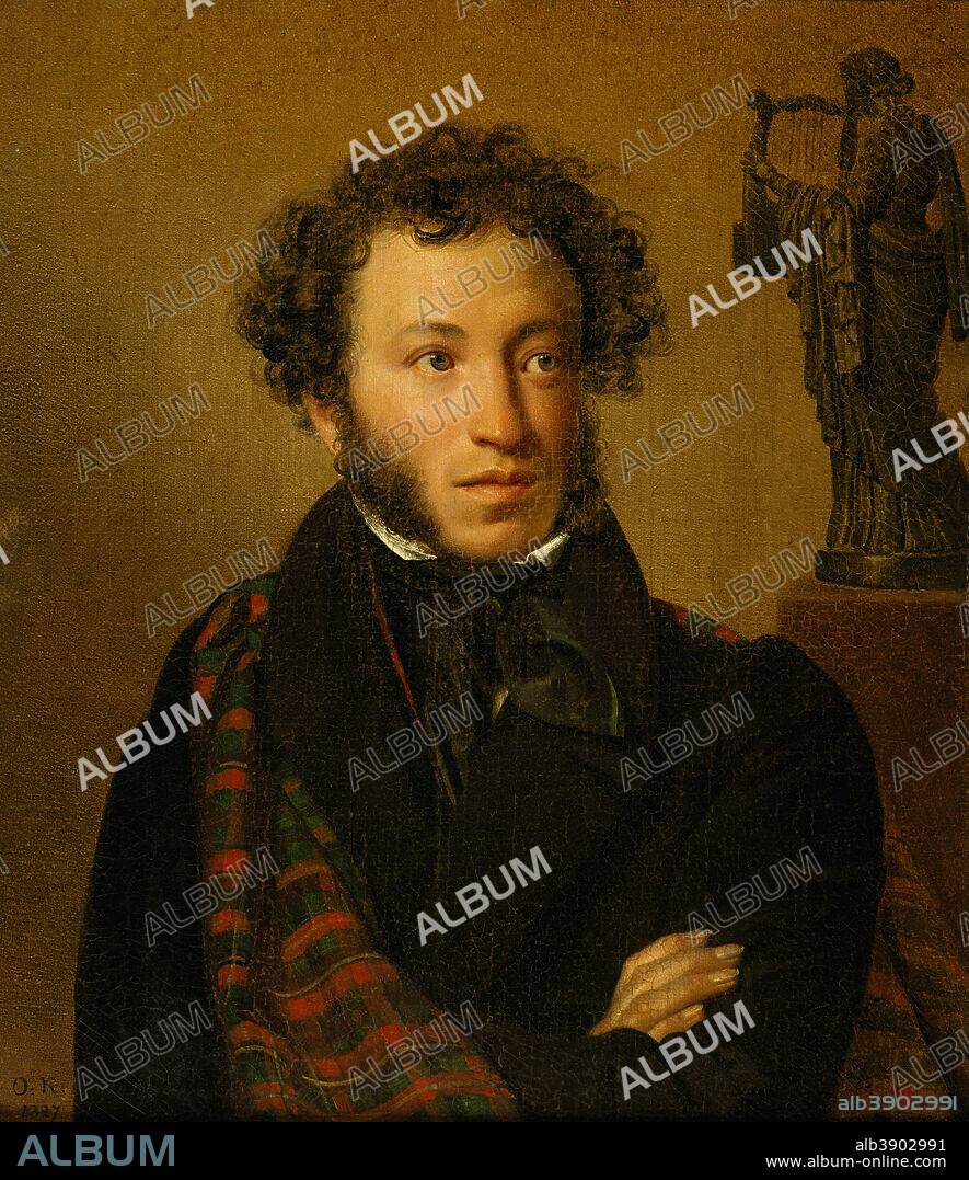 OREST KIPRENSKY. Portrait of A.S.Pushkin. Date/Period: 1827. Painting. Oil on canvas. Height: 63 cm (24.8 in); Width: 54 cm (21.2 in).