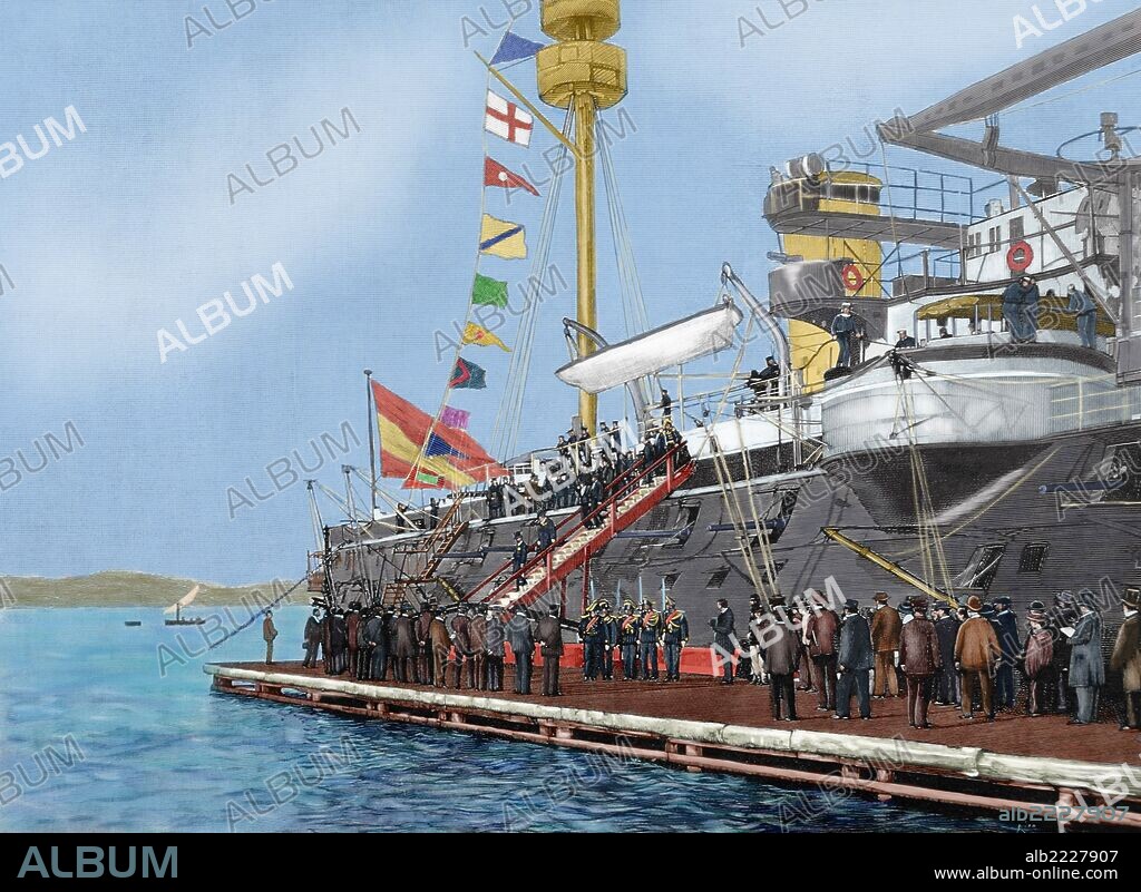 BERNARDO RICO ORTEGA. Marie Francois Sadi Carnot (1837-1894). President of the Third Republic of France. Port of Toulon, France. Sadi Carnot visiting the battleship Pelayo of the Spanish Navy War. Engraving by Rico. The Spanish and American Illustration, 1890. Colored.