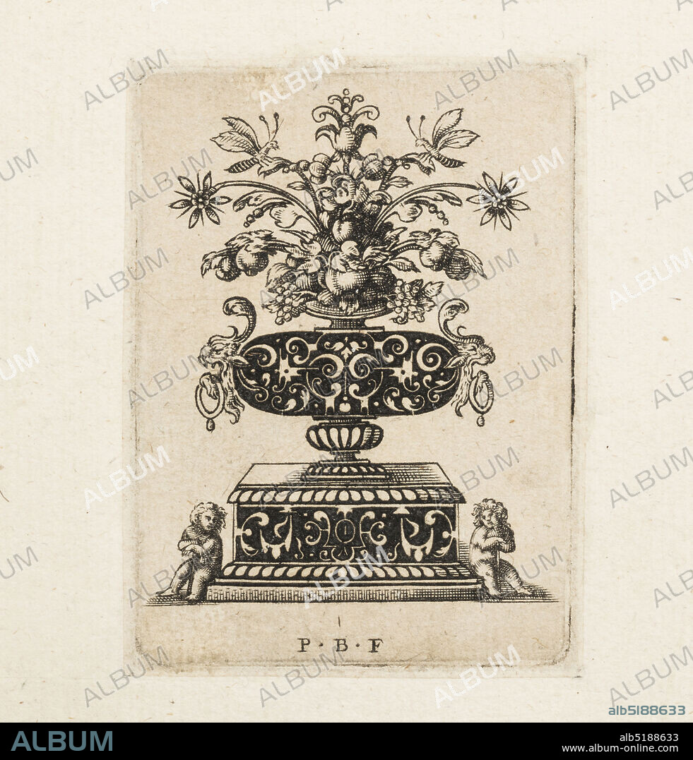 Plate from Omnia Conando Docilis Solertia Vincit (A Docile Disposition will Conquers all Difficulty), Paul Birckenhultz, German, 1561 - 1639, Engraving, blackwork on laid paper, Vertical rectangle showing a vase with grotesque drop-ring handles containing a symmetrical arrangement of flowers. The body of the vase and the base upon which it stands are decorated with strapwork design printed in blackwork. At the base sit two nude children., Germany, Ca. 1600, ornament, Print, Print.