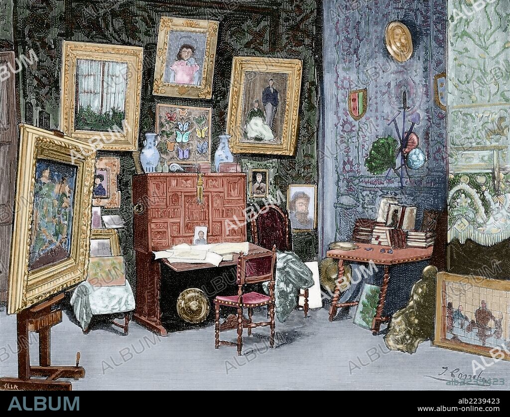 José María Casado del Alisal (1832-1886). Pintor español. "Un detalle del estudio del Sr. Casado del Alisal". Grabado por Vela. "La Ilustración Española y Americana", año 1886. Coloreado.