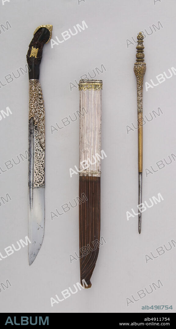 Dagger (Piha Kaetta) with Stylus and Sheath, Sri Lankan, 17th century, Sri Lankan, Steel, horn, wood, brass, Dagger (a): L. with sheath 11 1/2 in. (29.2 cm); L. without sheath 11 in. (27.9 cm); L. of blade 6 3/4 in. (17.1 cm); W. 13/16 in. (2.1 cm); D. 9/16 in. (1.4 cm); Wt. 4 oz. (113.4 g); Wt. of sheath 1.4 oz. (39.7 g); skewer (b): L. 9 1/4 in. (23.5 cm); W. 9/16 in. (1.4 cm); D. 9/16 in. (1.4 cm); Wt. 2.1 oz. (59.5 g), Daggers.