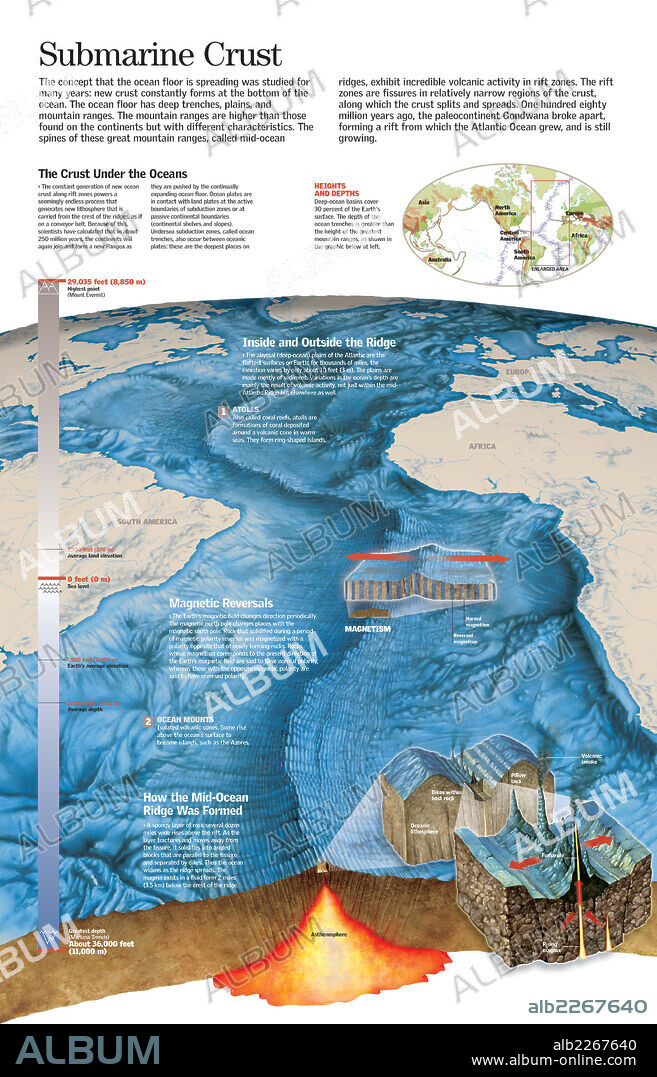 Corteza submarina. Infografía de la estructura de una dorsal oceánica y las características del suelo oceánico.
