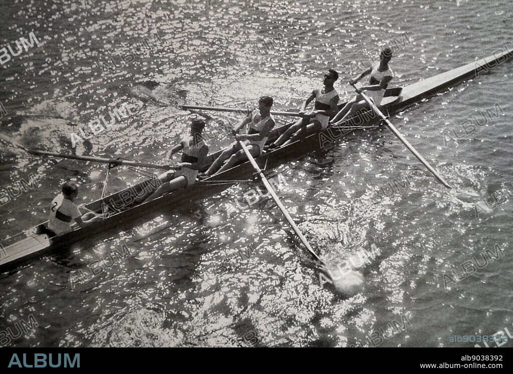 Photograph of the German Coxed four team in rowing during the 1932 Olympic games. Hans Eller, Horst Hoeck, Walter Meyer, Joachim Spremberg & Carlheinz Neumann.