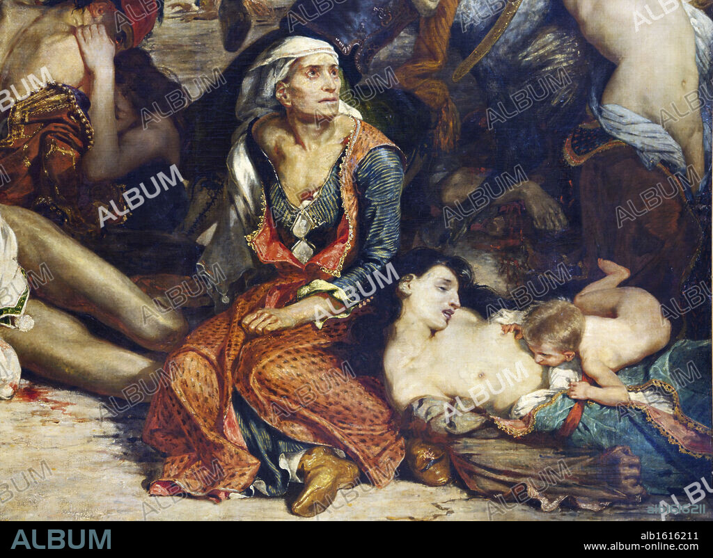 Massacre of Scio, detail with Greek families attend to the wounded or dead, by Eugene Delacroix, 1824, France, Paris, Musee du Louvre.