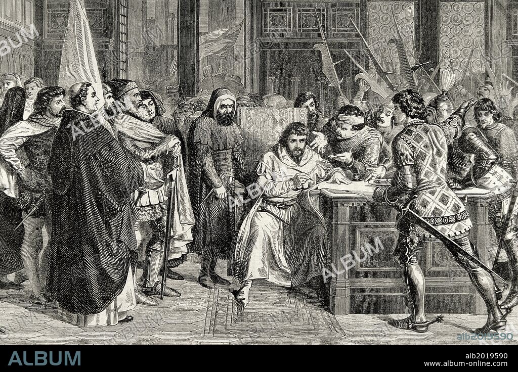 Walter VI, Count of Brienne (1302-1356). Count of Conversano and Lecce. Duke of Athens. Expulsion of Florence of the Duke of Athens. Engraving.