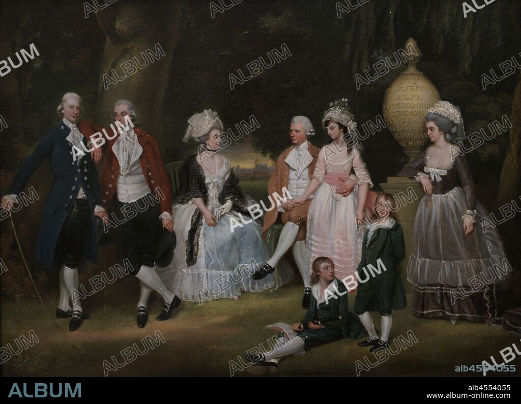 The Fourdrinier Family. A Huguenot entrepreneur, Henry Fourdrinier senior (1730-1799) was a wealthy paper-maker and wholesale stationer. He is shown seated in the middle of his family. Portrait attributed to John Downman (1750-1824). Oil con copper (46 x 61,5 cm), c. 1786. National Portrait Gallery. London, England, United Kingdom.